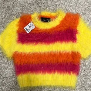AKIRA Fuzzy Striped short sleeve sweater- Yellow, Orange, and Pink